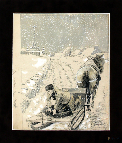 Paesaggio innevato con slitta e figure, tecnica mista su carta, cm 33x27, firmato A. Issupoff