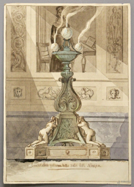 Bozzetto per candelabro della sala del ninfeo, tecnica mista su carta, 35x25 cm, XIX sec.
