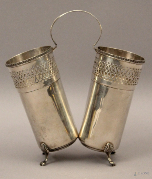 Portagrissini a due vaschette in argento, H 20 cm, gr. 220.