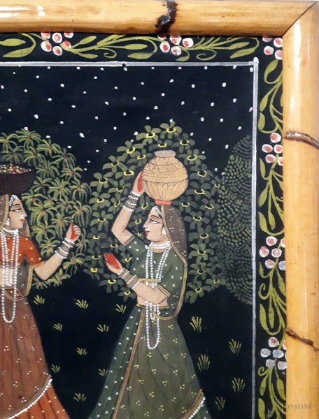 Processione con fanciulle, dipinto di arte asiatica della seconda metà del XX sec., tecnica mista...