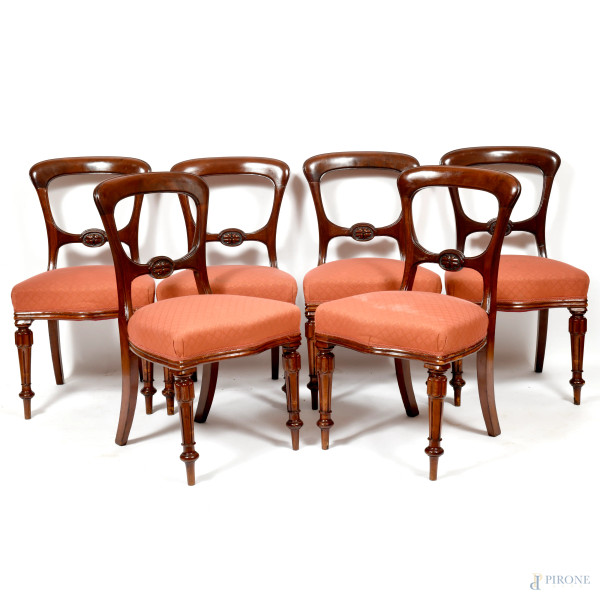 Sei sedie in mogano con gambe tornite e seduta in tessuto rosso, XX secolo, cm 87x46x48 (segni di usura)