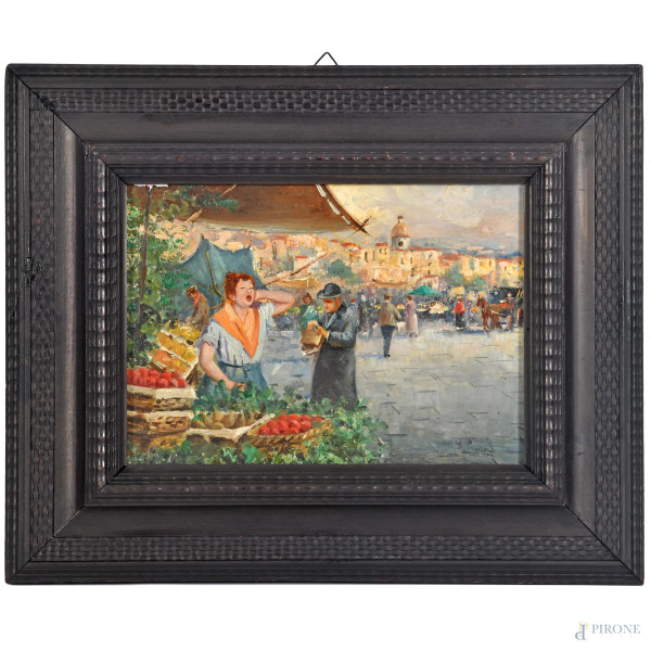 Al mercato, olio su compensato, cm 26x36, firmato in basso a destra, entro cornice