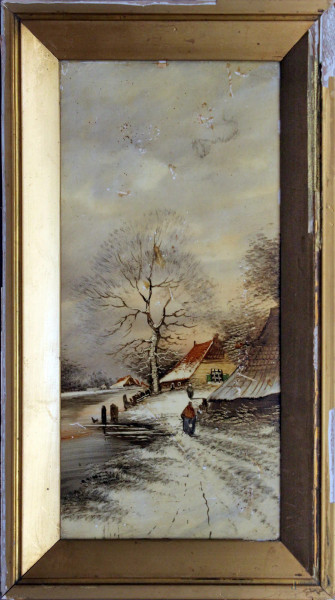 Paesaggio invernale con figure, olio su porcellana, cm 14 x 29, entro cornice.