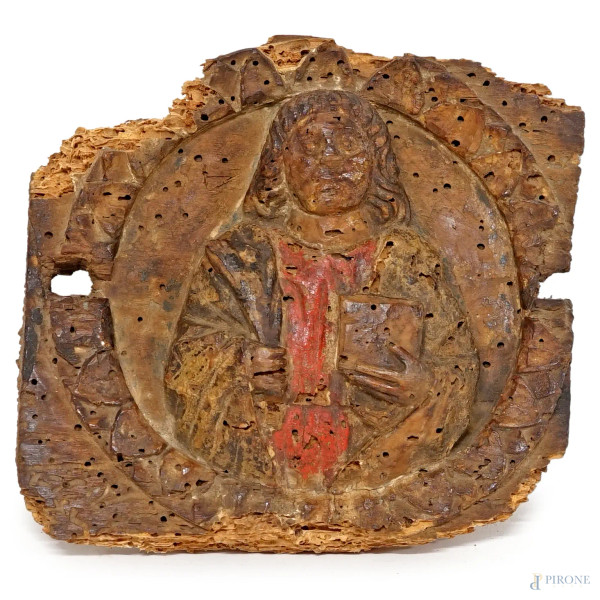 Frammento con busto di santo, sec.  XVII-XVIII, legno policromo, cm 20x13,5, (difetti)