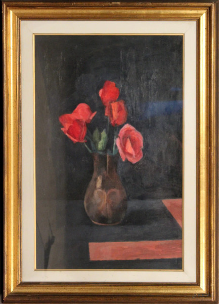 Sergio Bonfanti, rose rosse, olio su tavola, 70x47 cm, entro cornice.