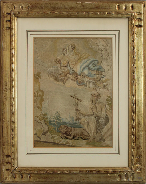 Madonna dell&#39;incoronazione con amorini e San Marco, ricamo in seta, cm 28x20, XVIII sec., entro cornice.