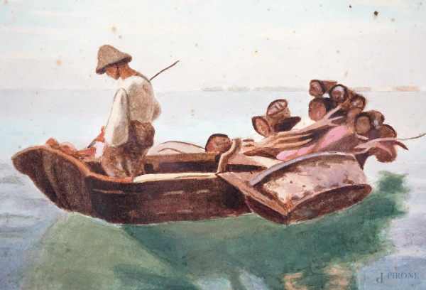 Lotto composto da cinque acquarelli su carta raffiguranti vedute del Golfo di Napoli e pescatori,...