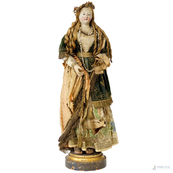 Santa Rosalia, in ceramica dipinta con abiti in stoffa, Italia meridionale, XIX secolo, cm h 58, base in legno, (difetti, mancanze)