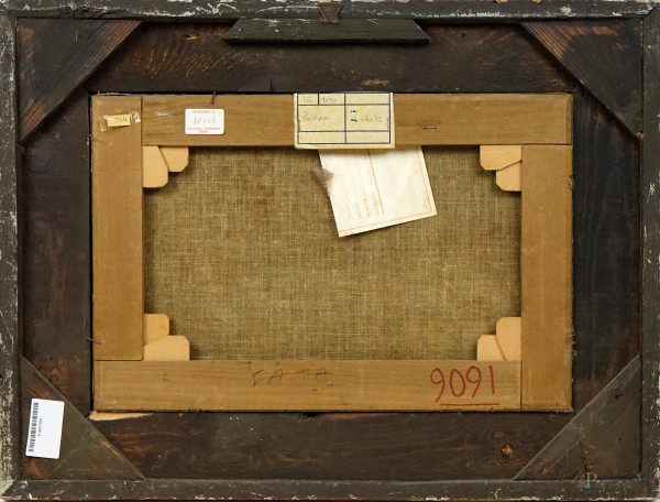 Scuola romana del XVII-XVIII secolo, Paesaggio con pastore con armento, olio su tela, cm 31x47, e...