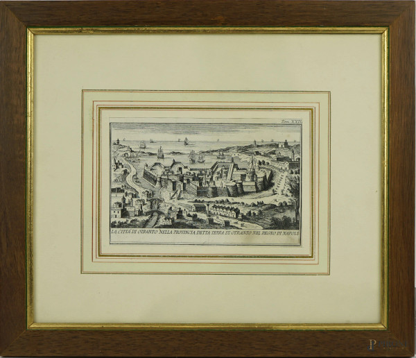 La Città di Otranto nella provincia detta Terra di Otranto del Regno di Napoli, incisione, XVIII secolo, cm 10,5x16, entro cornice