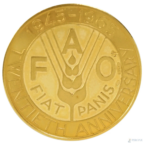 Medaglia in oro FAO, XX Anniversario 1945-1965, diametro cm 24,4, , peso gr. 8