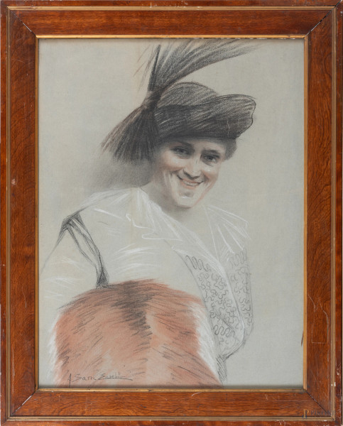 Ritratto di donna, XX secolo, disegno a  tecnica mista su carta, cm 61x47, entro cornice, firmato in basso a sinistra, entro cornice (segni di usura)