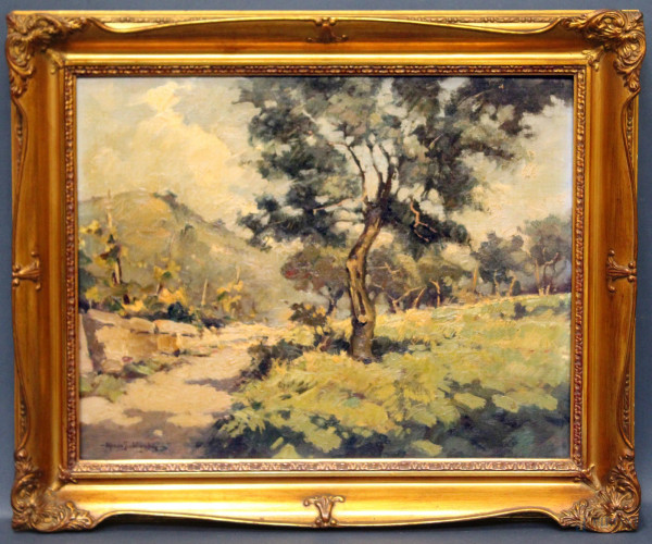 Paesaggio con sentiero e alberi, olio su masonite, 40x50 cm, entro cornice firmato.