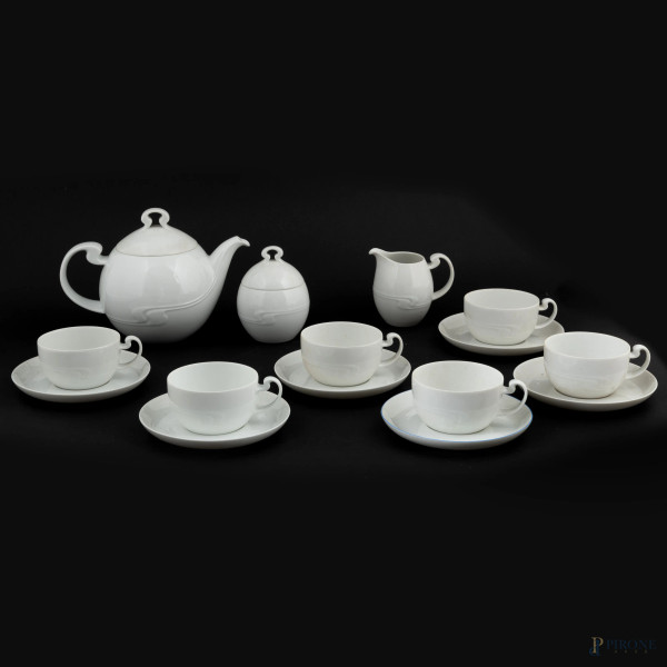 Servizio da the in porcellana bianca Rosenthal Asimmetria composto da: 6 tazze, 6 piattini, 1 teiera, 1 zuccheriera, 1 lattiera, (segni di usura)