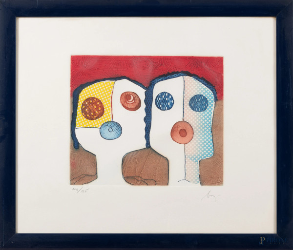 Enrico Baj (1924-2003), Senza Titolo, litografia su carta es 104/125, cm 50x60, firmato in basso a destra, entro cornice, (tracce di umidità, lievi segni di usura)