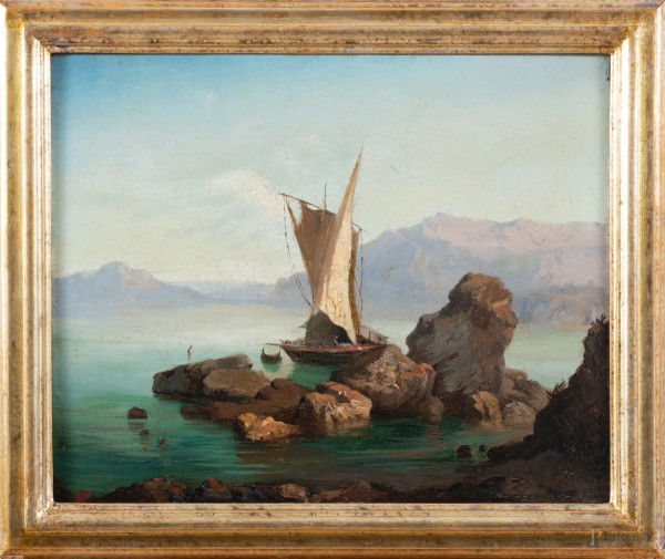 Scorcio di lago con imbarcazione, XIX secolo, olio su tavoletta, cm 37x45, entro cornice, (lievi segni di usura e craquelure)