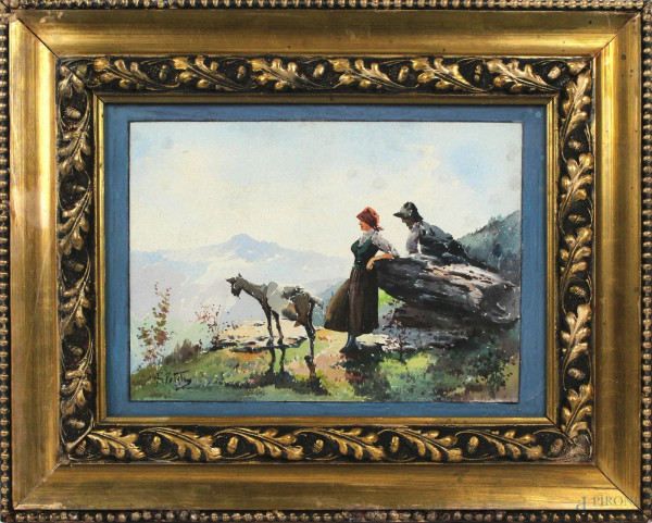 Paesaggio con pastori, acquarello su carta, cm 20x28, firmato F. Petiti, entro cornice