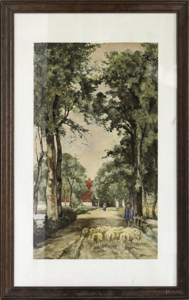 Paesaggio con pastore e gregge, acquarello su carta 38x22 cm, firmato, entro cornice.