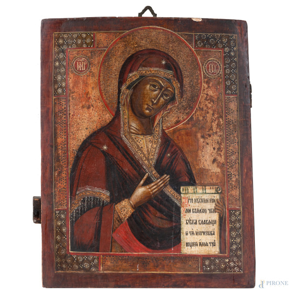 Icona dipinta con raffigurazione della Madonna, XIX secolo, cm 35x27,5, (cadute di colore, scalfiture)