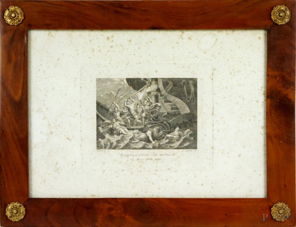 Antica incisione raffigurante Agrippina si salva a nuoto dal Vascello che doveva farla perire, cm 27x38, incisore Mochetti, inventore Pinelli (1781-1835), entro cornice in radica, (macchie sulla carta).