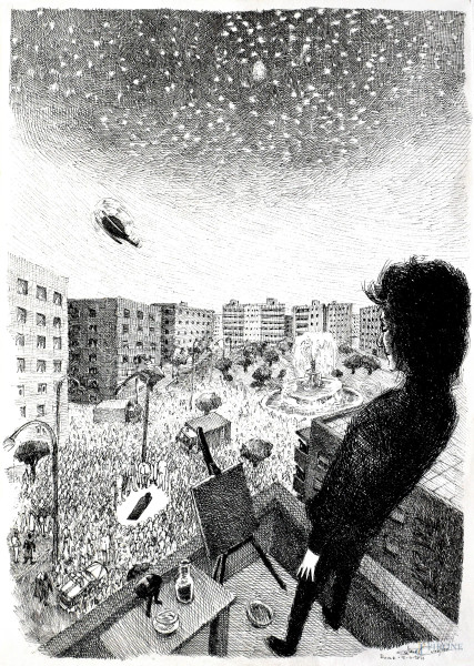 Cristiano Quagliozzi - Composizione fantastica, 2012, inchiostro su carta, cm 30x43, firmato e datato