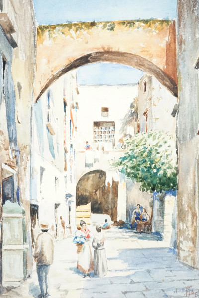 Due acquarelli su carta raffiguranti scorci di Napoli, misure max cm 24x17, firmati, entro cornic...