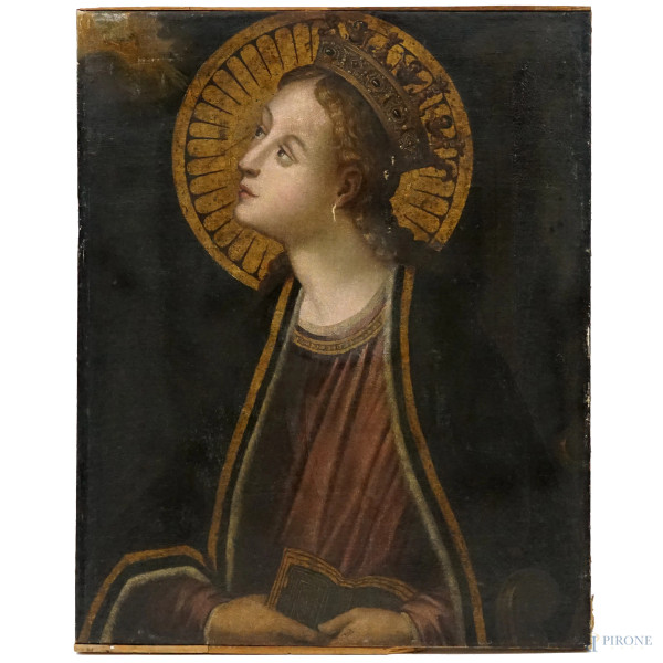 Cristofano Allori (Firenze 1577-1621) Seguace di, Vergine Annunciata, olio su tela, cm 81x65, (difetti sulla tela).