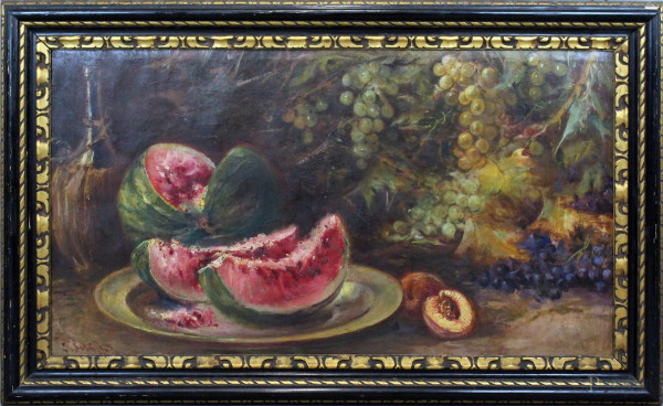 Ezio Schiffi - Natura morta con cocomero, olio su tela, cm. 52,5x39,5, entro cornice.