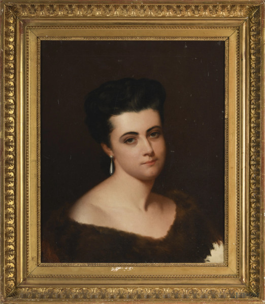 Ritratto di nobildonna, olio su tela, XIX secolo, cm 53x44 entro cornice, (difetti)