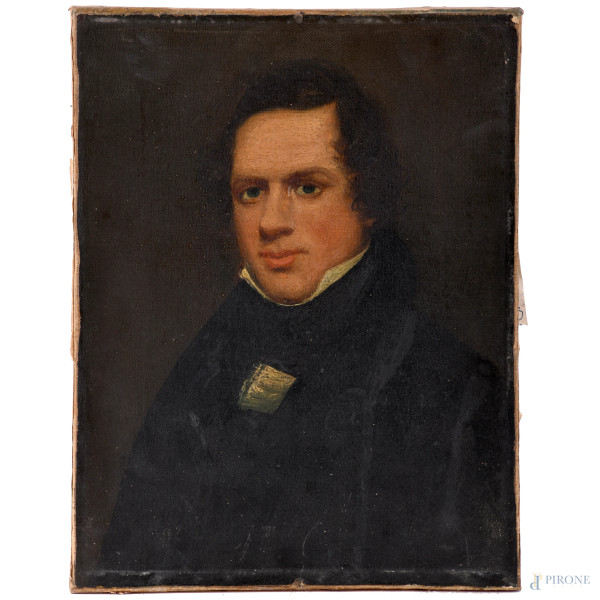 Ritratto di gentiluomo, XIX secolo, olio su carta applicata su tela, cm 25,5x19,5, (difetti)