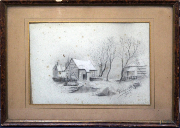 Paesaggio invernale, disegno a matita su carta firmato e datato 1906, cm 21 x 29, entro cornice.