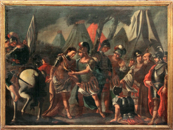 Giovanna d&#39;Arco nell&#39;accampamento francese con i suoi cavalieri, olio su tela, cm 154 x 204, scuola napoletana, inizi XVIII sec, entro cornice coeva.