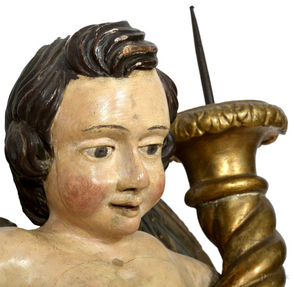 Coppia di angeli portacero in legno dipinto e dorato, XVIII secolo, altezza cm 84, (segni di usur...