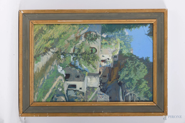 Cava dei Tirreni, tecnica mista su cartone, XX secolo, cm 48,5x32, (entro cornice) firmato e titolato "Cava dei Tirreni 1920" in basso a sinistra, (difetti)