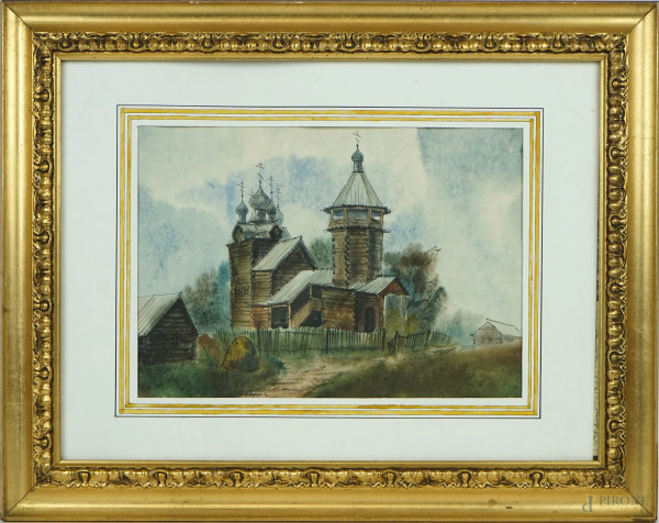 Paesaggio con chiesa ortodossa, acquarello su carta, cm 19x28, siglato e datato in basso a destra, entro cornice