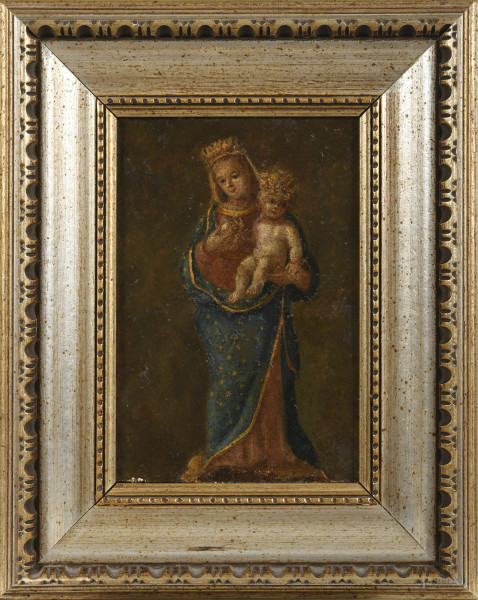 Madonna con Bambino, XX secolo, olio su tavoletta, cm 18x12, entro cornice, (segni di usura, abrasioni, cadute di colore)