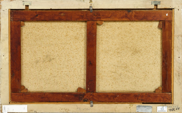 Paesaggio costiero con caseggiati, inizio sec. XX, olio su tela, cm 53x92, firmato "Sindies" in b...