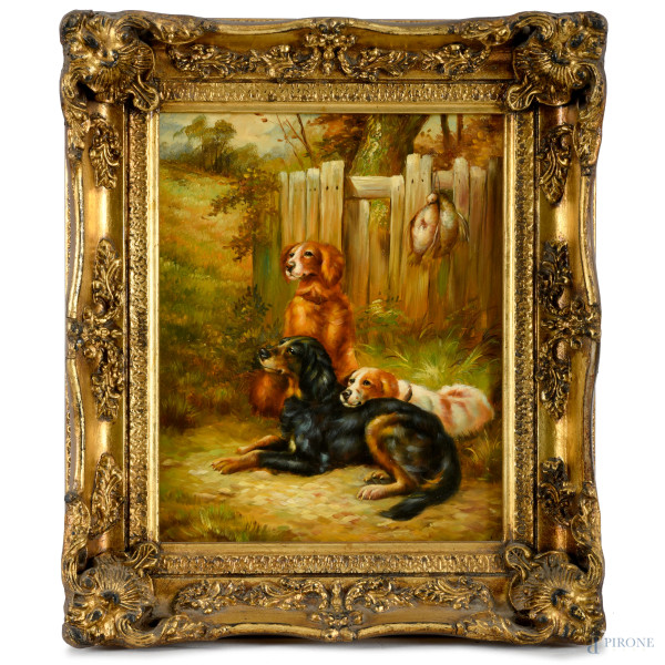 Cani da caccia con cacciagione, olio su tavoletta, XX secolo, cm 19x24 entro cornice