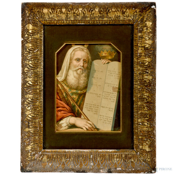 Mose con le Tavole della Legge, XX secolo, oleografia su carta, cm 25x19, entro cornice, (difetti)