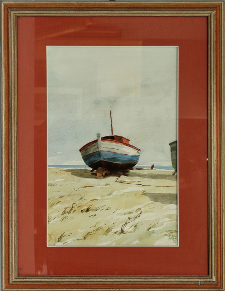 Aldo Riso - Barca, acquarello su carta, cm 52 x 33, entro cornice.