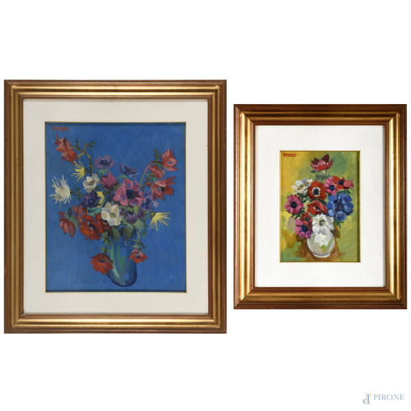 Joseph Franz Strachota (Vienna 1910 - ?), 2 dipinti: Vaso di fiori, olio su compensato, cm 35x25, firmato in alto a sinistra; Vaso di fiori, olio su tela, cm 60,5x50, firmato in alto a sinistra