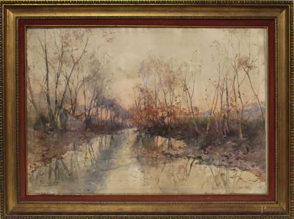 Paesaggio fluviale, acquarello su carta, cm. 70x100, firmato Paolo Sala, entro cornice.