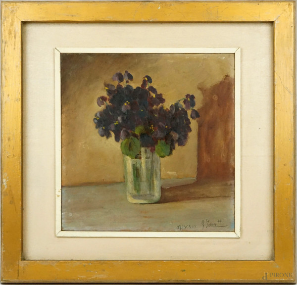 Vaso con fiori, olio su tavola, cm 30,5x30, firmato Zanetti, entro cornice.