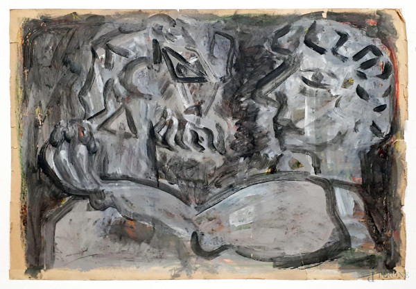 Maestro del Novecento Composizione cubista con due figure, tecnica mista su cartoncino, cm72x103, inizi anni 50, firmato
