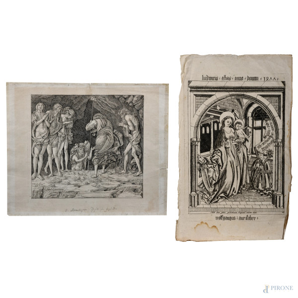 Lotto di due incisioni raffiguranti Discesa di Cristo nel Limbo e Madonna con Bambino, XIX secolo, cm 31,5x38,  (segni di usura, tracce di umidità, gore, foxing, lacerazioni della carta, tracce di piegatura)