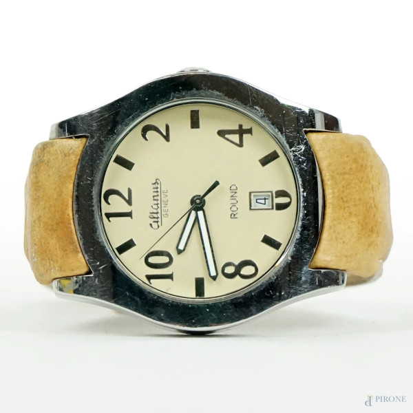 Altanus, orologio da polso da uomo, cassa in acciaio e cinturino in vera pelle, lunghezza cm 25, (segni di utilizzo, meccanismo da revisionare).