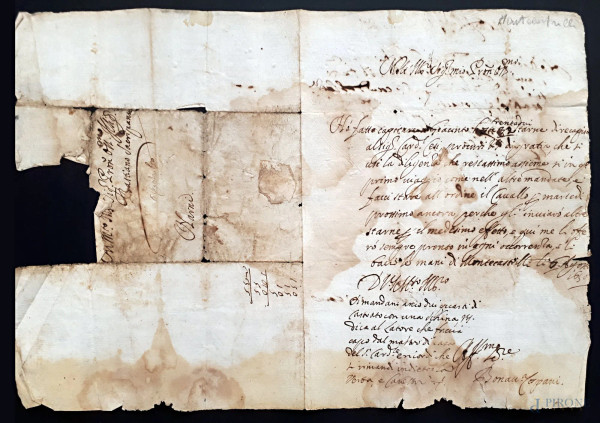 Antico raro manoscritto umbro del 1650 scampato a incendio, vergato a penna d’oca e inchiostro di galla su carta vergellata e filigranata