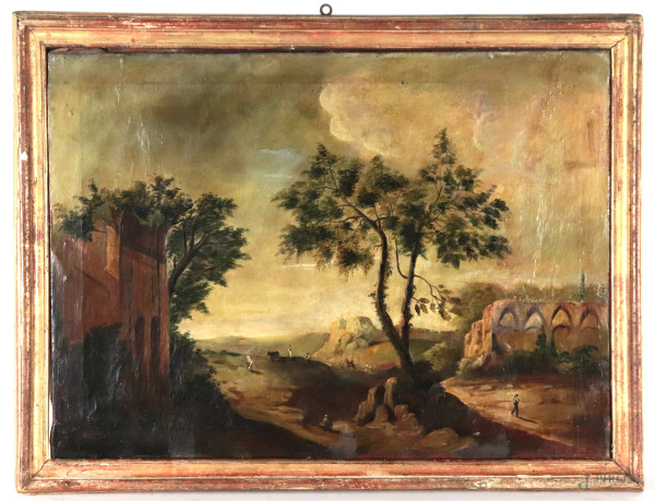 Paesaggio laziale con ruderi e viandanti, XIX-XX secolo, olio su tela, cm 54x74, entro cornice, (segni di usura, cadute e sollevamenti di colore, abrasioni, difetti)