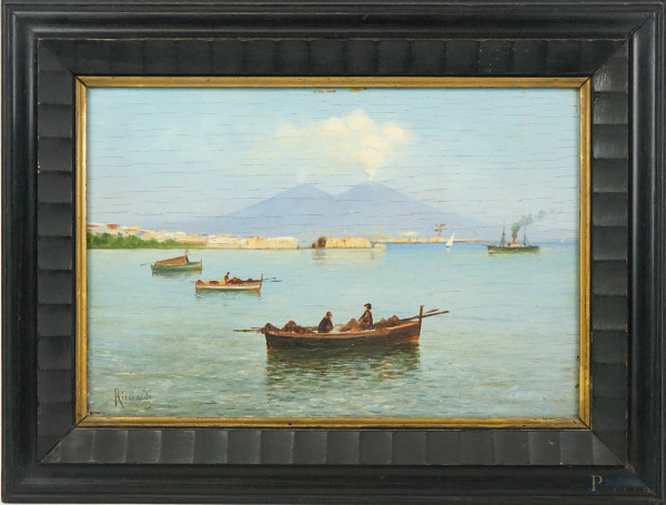 Veduta del Golfo di Napoli, olio su compensato, cm 23x35, firmato, entro cornice
