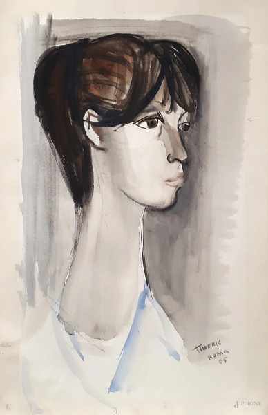 Ritratto femminile, tecnica mista su carta, cm 64x41, firmato e datato